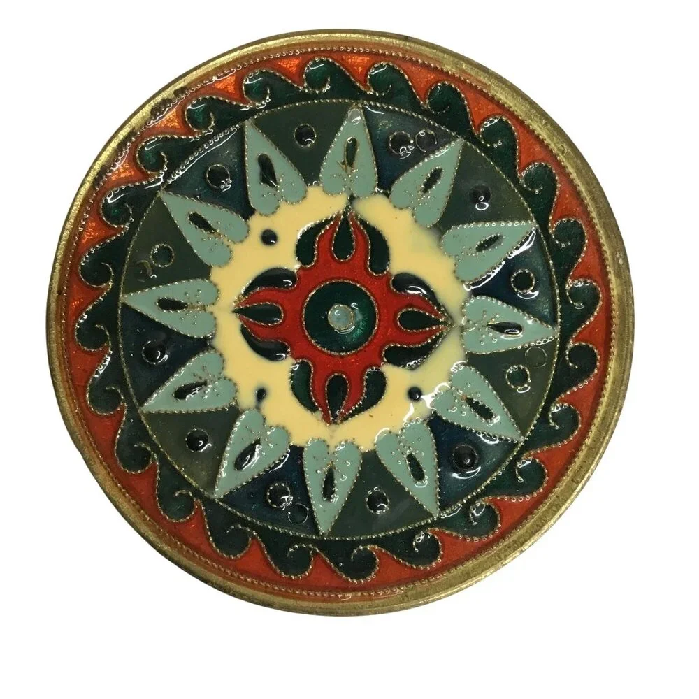 VTG Enamel Brass Wall Plate 3” Folk Art Cloisonné Boho Retro MCM Hanging Mandala